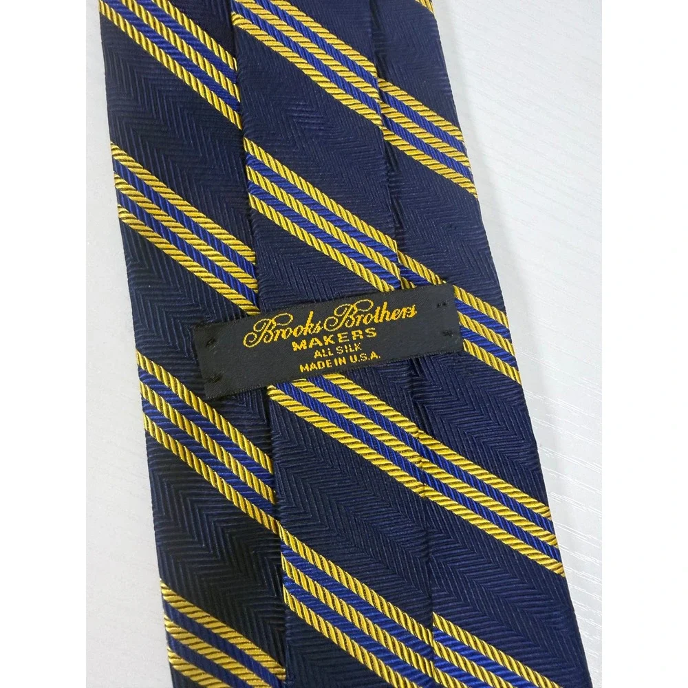Brooks Brothers Makers Silk Tie Navy Blue Gold Repp Stripe Herringbone USA Made